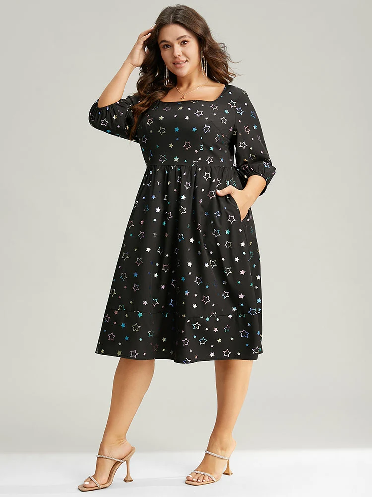 Heart Glitter Square Neck Lantern Sleeve Dress