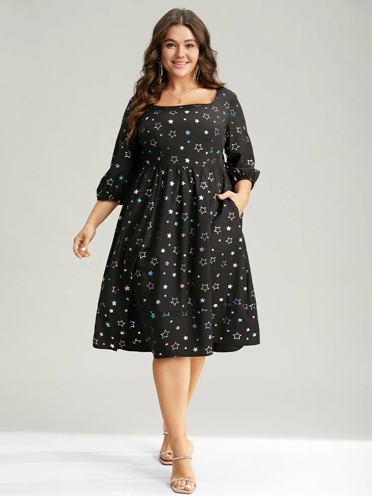Heart Glitter Square Neck Lantern Sleeve Dress