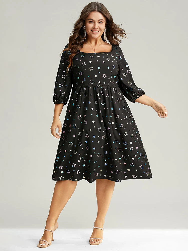 Heart Glitter Square Neck Lantern Sleeve Dress