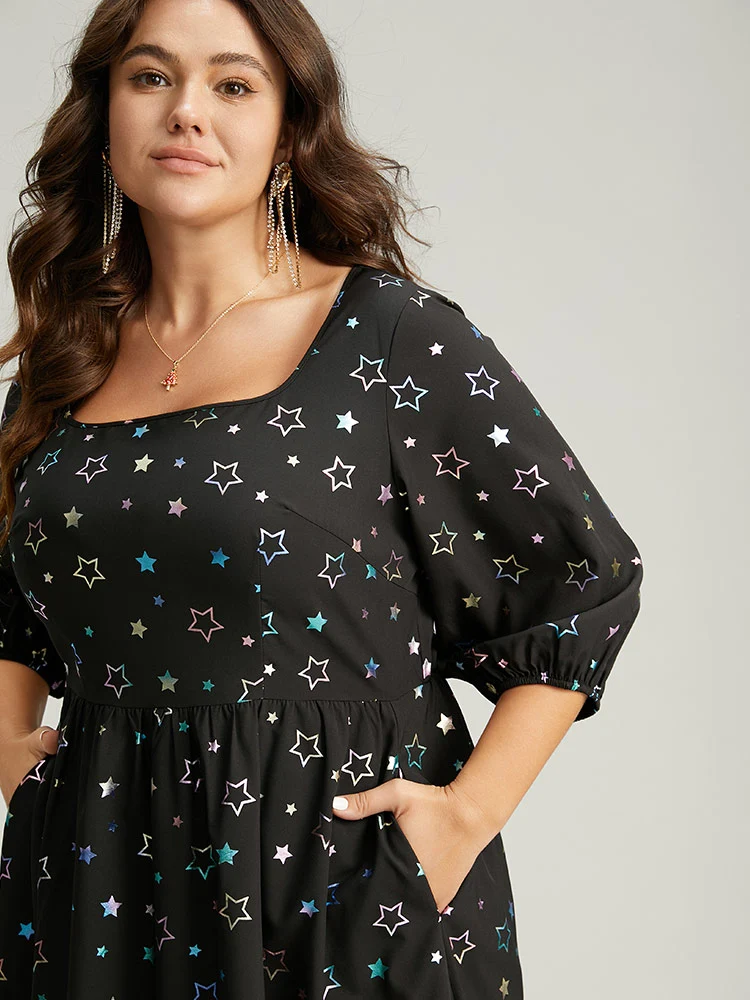 Heart Glitter Square Neck Lantern Sleeve Dress