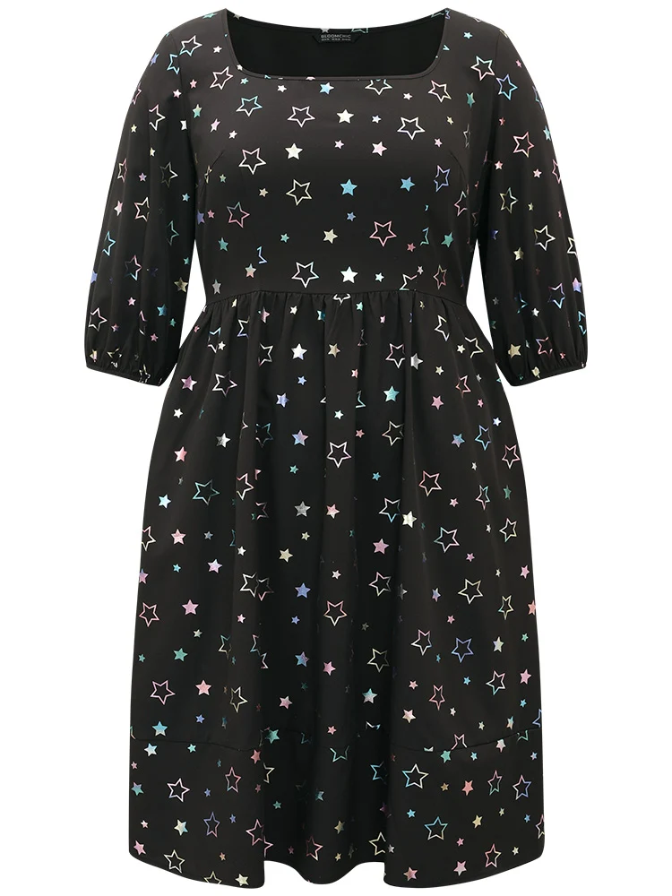 Heart Glitter Square Neck Lantern Sleeve Dress