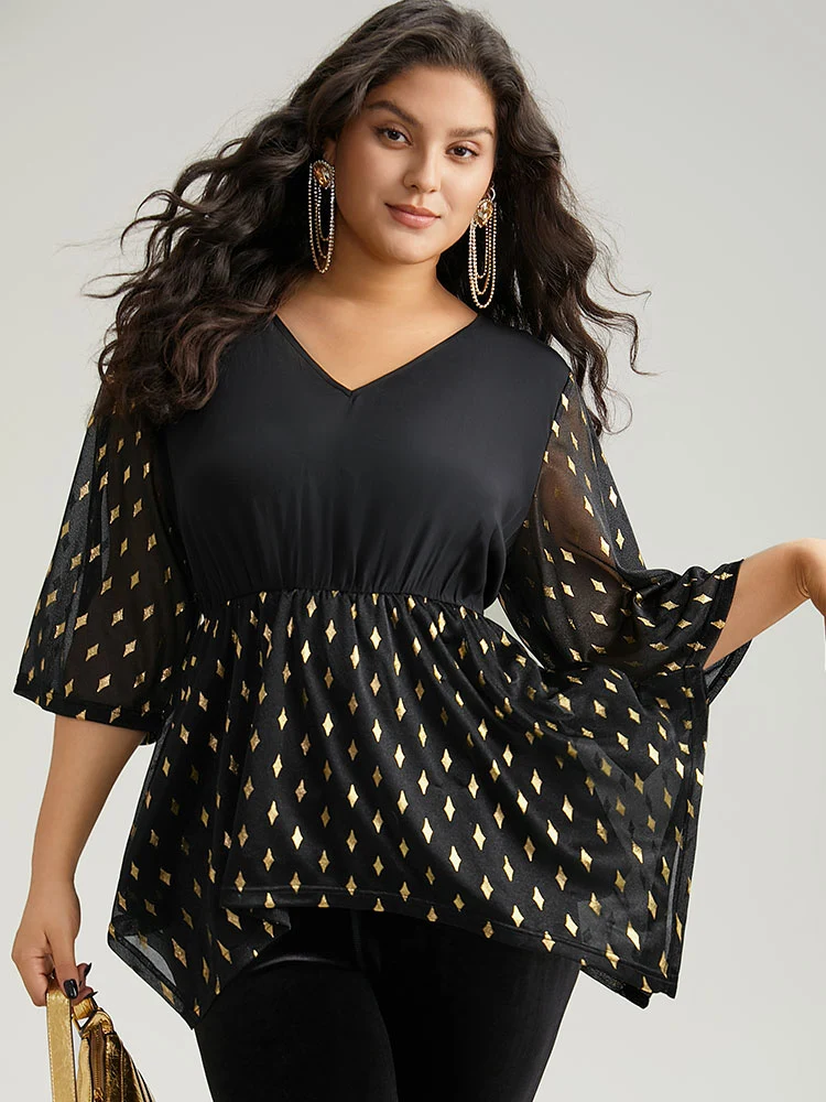 Glitter Patchwork Mesh Hanky Hem Blouse