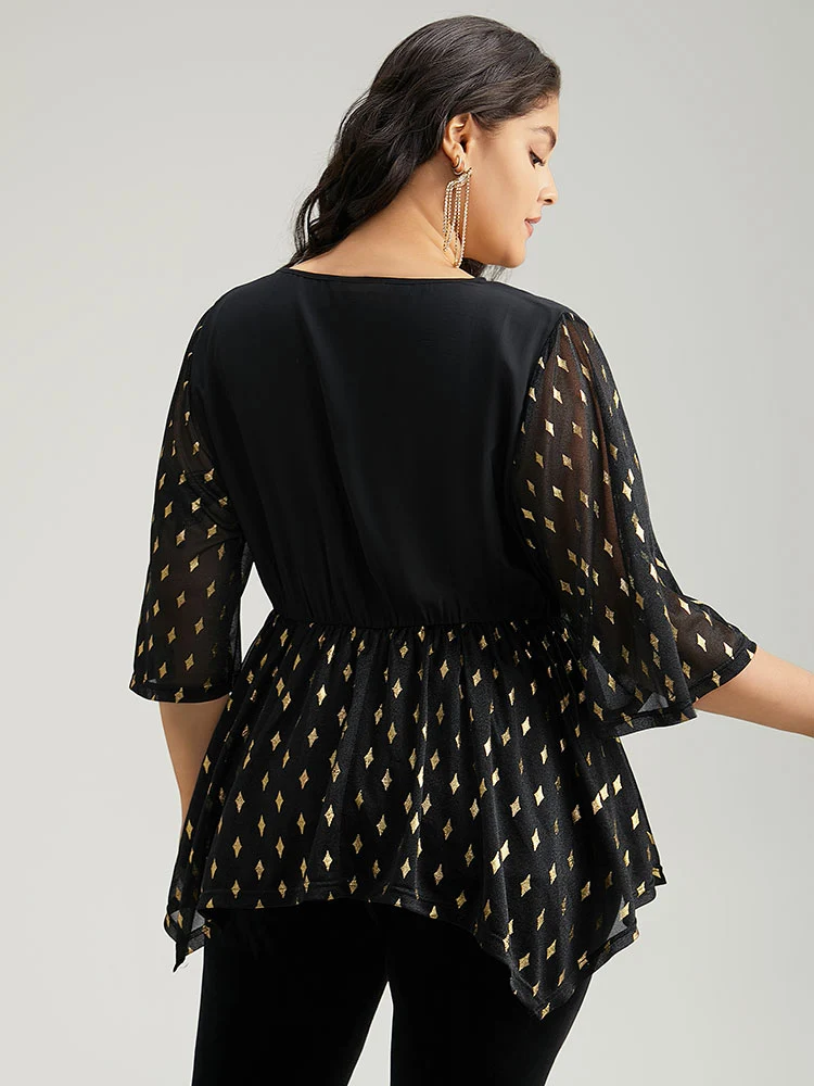 Glitter Patchwork Mesh Hanky Hem Blouse