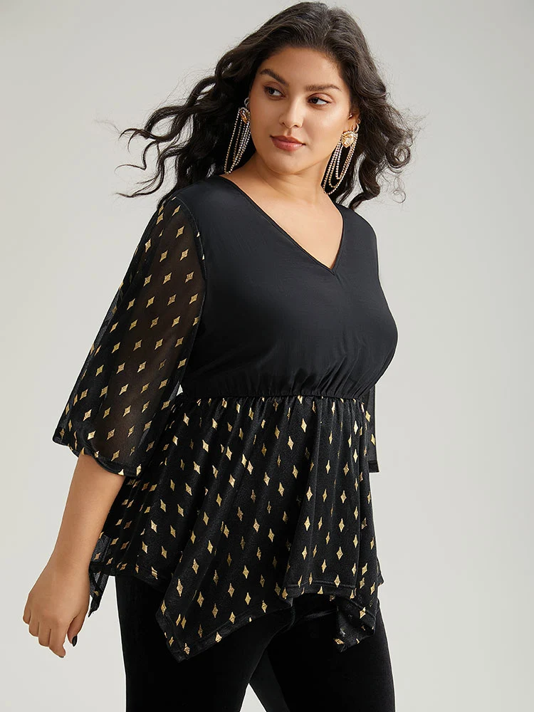 Glitter Patchwork Mesh Hanky Hem Blouse