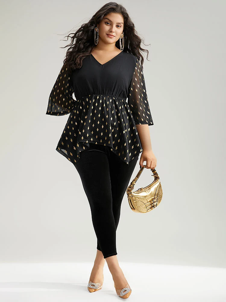 Glitter Patchwork Mesh Hanky Hem Blouse