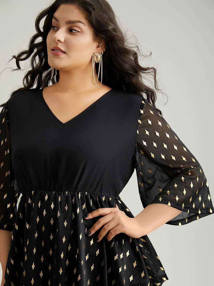 Glitter Patchwork Mesh Hanky Hem Blouse