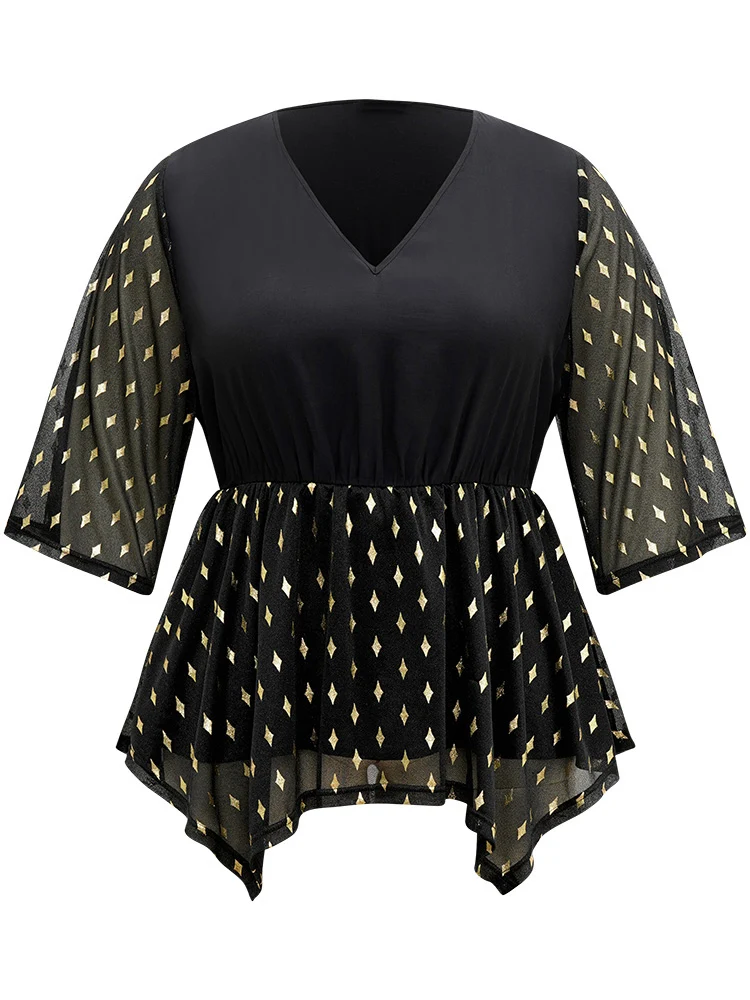 Glitter Patchwork Mesh Hanky Hem Blouse