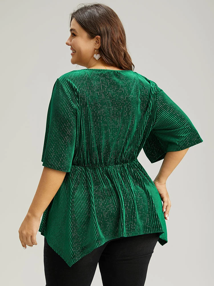 Velvet Elastic Waist Ruffle Sleeve Hanky Hem Blouse