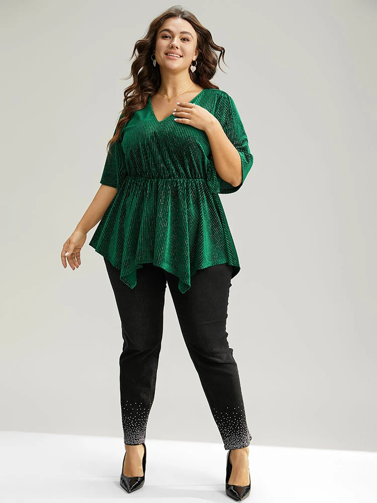 Velvet Elastic Waist Ruffle Sleeve Hanky Hem Blouse