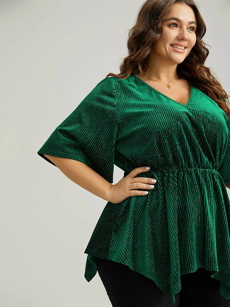 Velvet Elastic Waist Ruffle Sleeve Hanky Hem Blouse