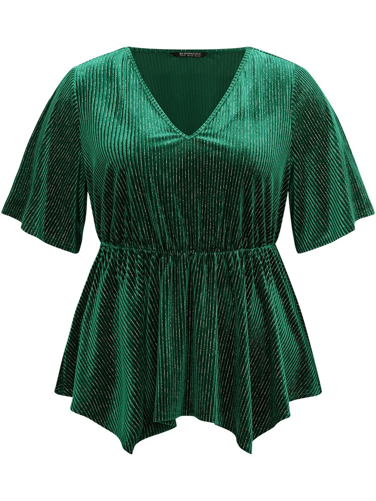 Velvet Elastic Waist Ruffle Sleeve Hanky Hem Blouse