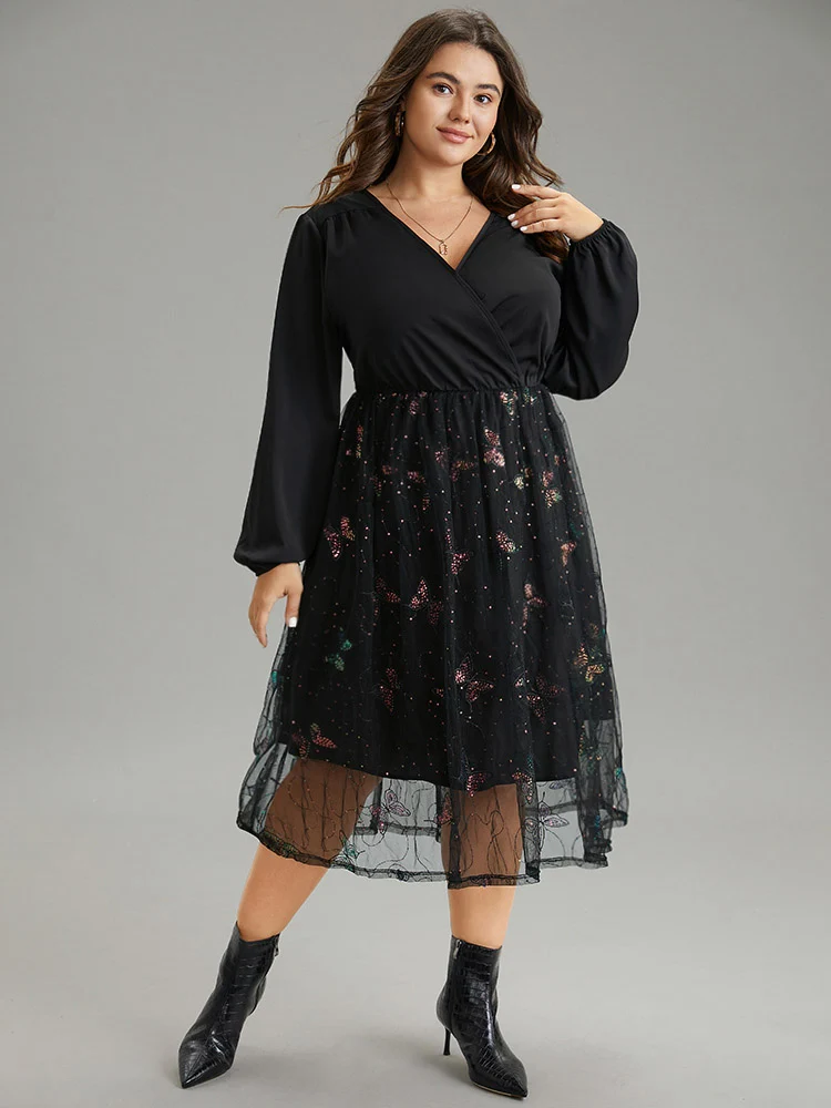 Butterfly Patchwork Lace Mesh Wrap Sequin Dress