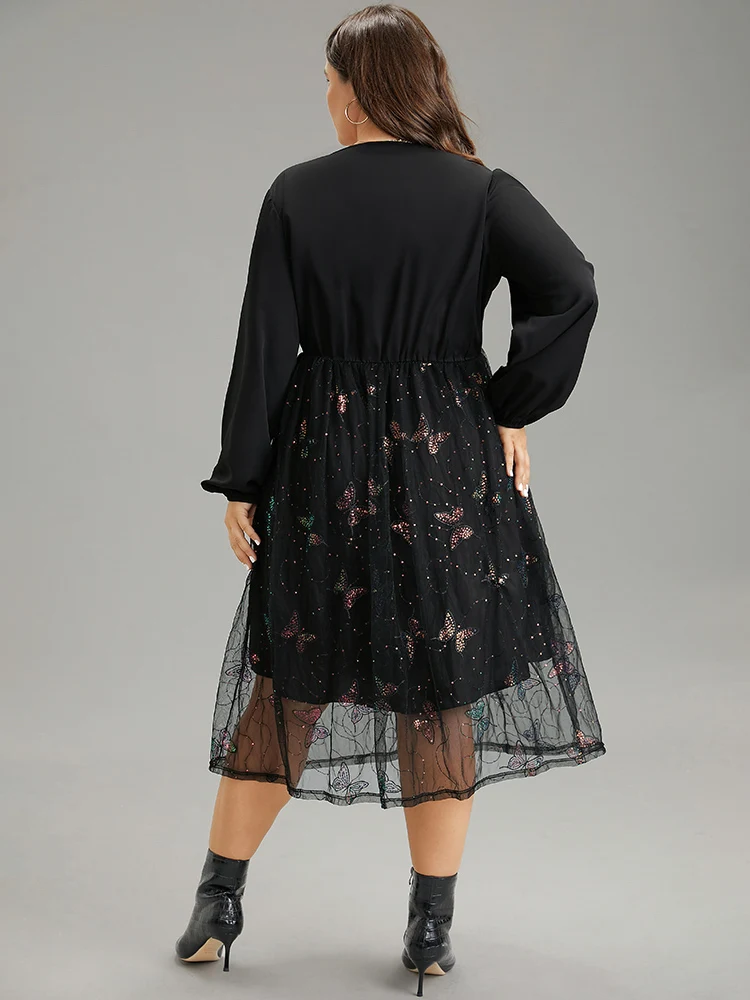Butterfly Patchwork Lace Mesh Wrap Sequin Dress