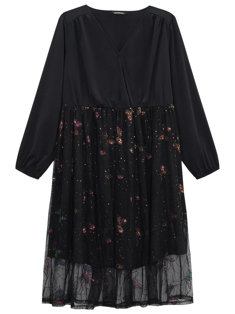 Butterfly Patchwork Lace Mesh Wrap Sequin Dress