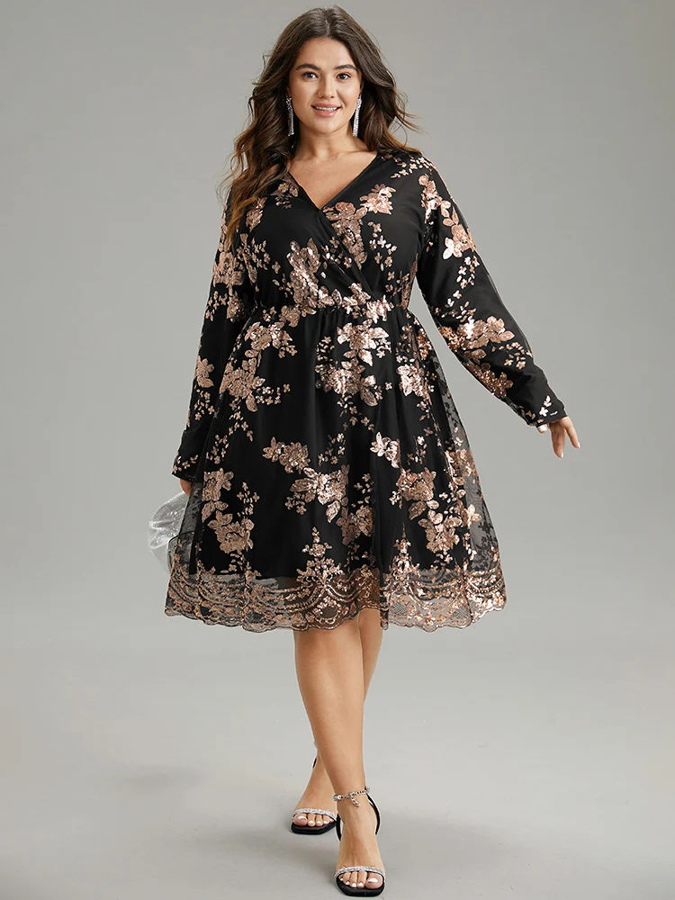 Floral Sequin Elastic Waist Mesh Wrap Dress