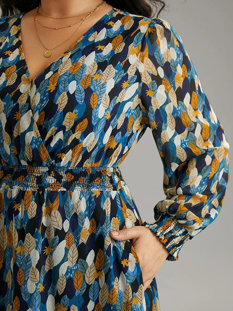 Overlap Collar Feather Shirred Pocket Dress