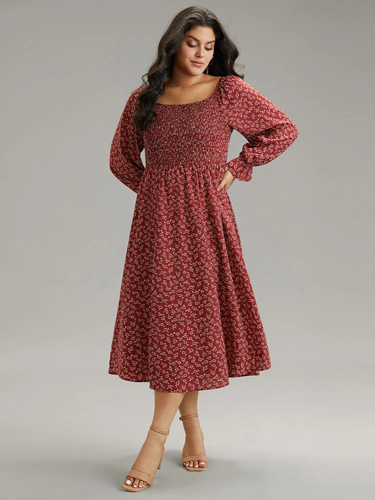 Ditsy Floral Square Neck Shirred Gathered Dress