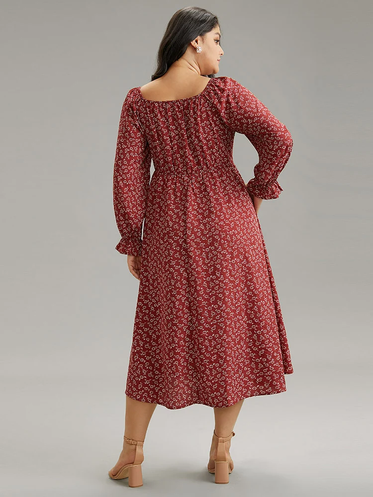Ditsy Floral Square Neck Shirred Gathered Dress