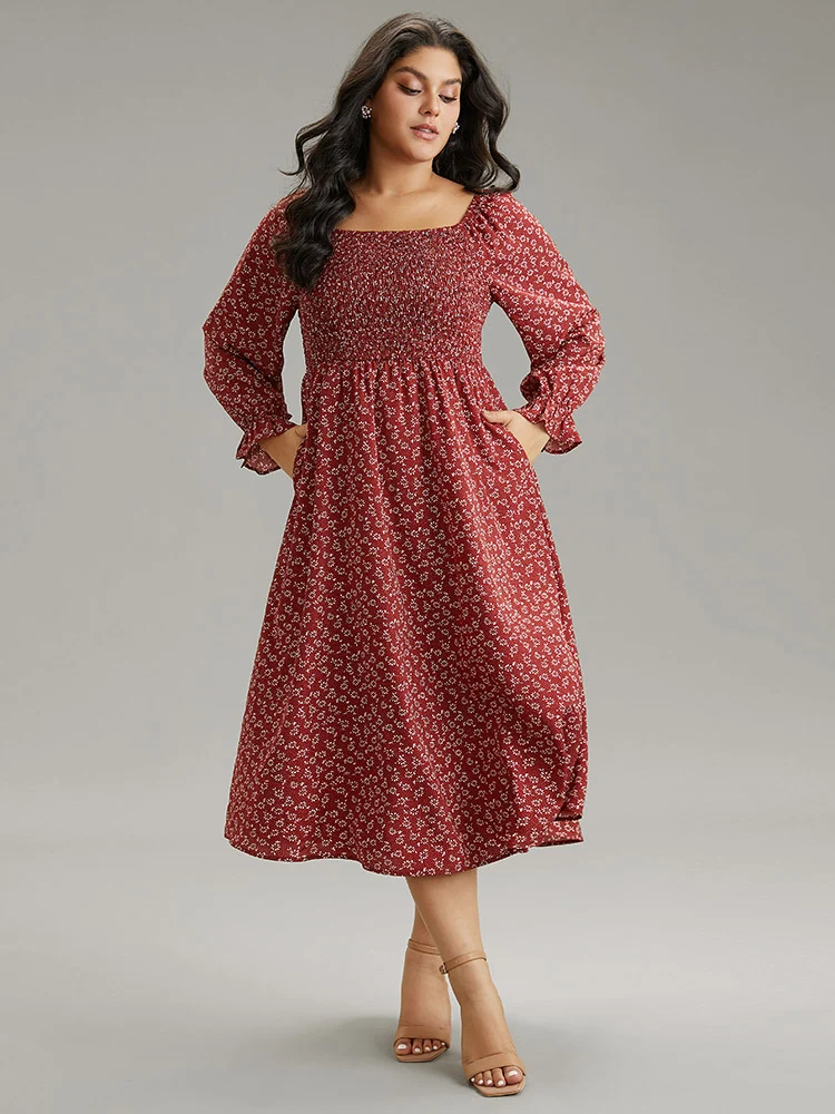 Ditsy Floral Square Neck Shirred Gathered Dress