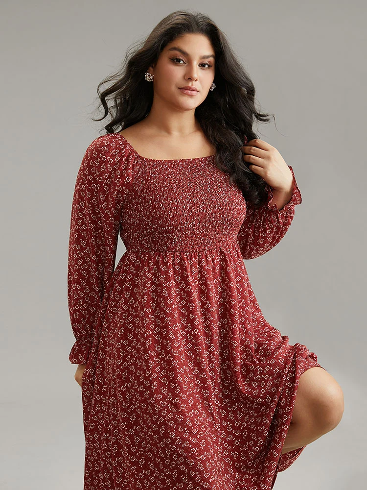 Ditsy Floral Square Neck Shirred Gathered Dress