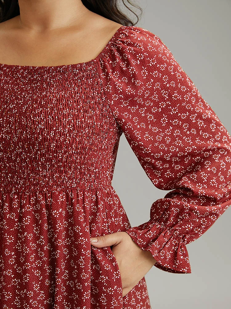 Ditsy Floral Square Neck Shirred Gathered Dress