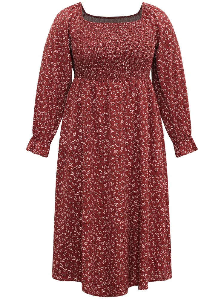 Ditsy Floral Square Neck Shirred Gathered Dress