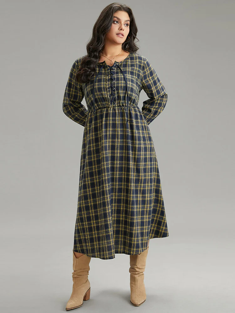 Plaid Elastic Waist Lace Up Ties Dress