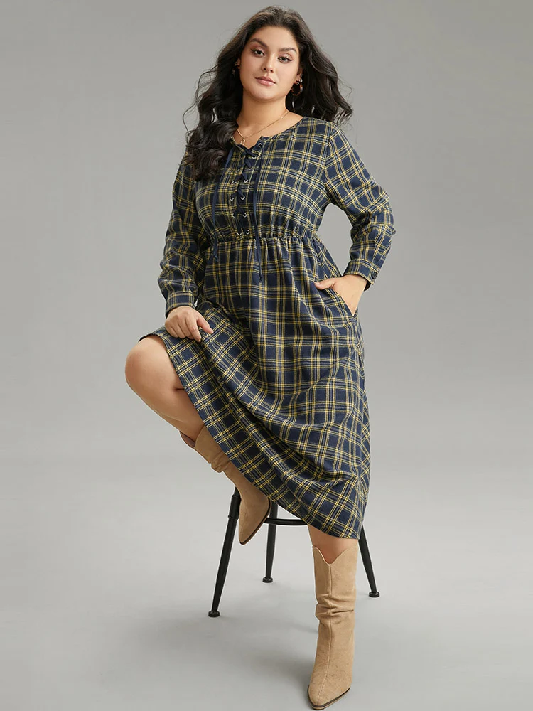 Plaid Elastic Waist Lace Up Ties Dress
