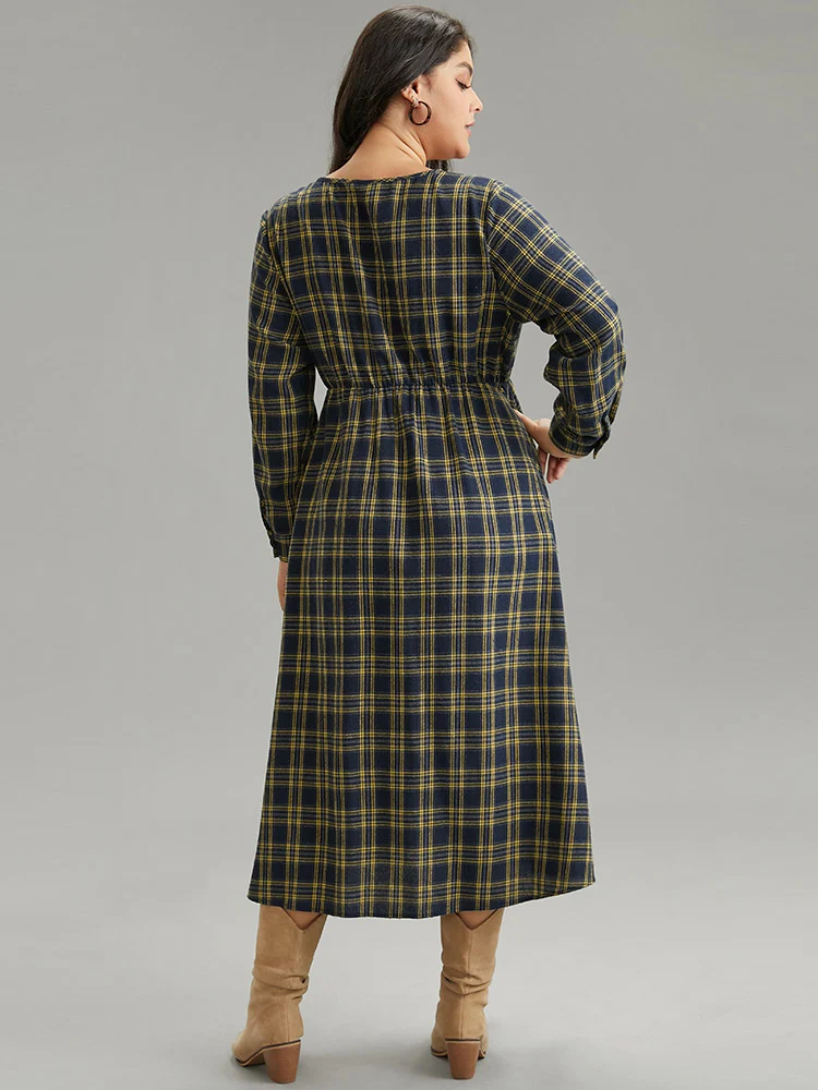 Plaid Elastic Waist Lace Up Ties Dress