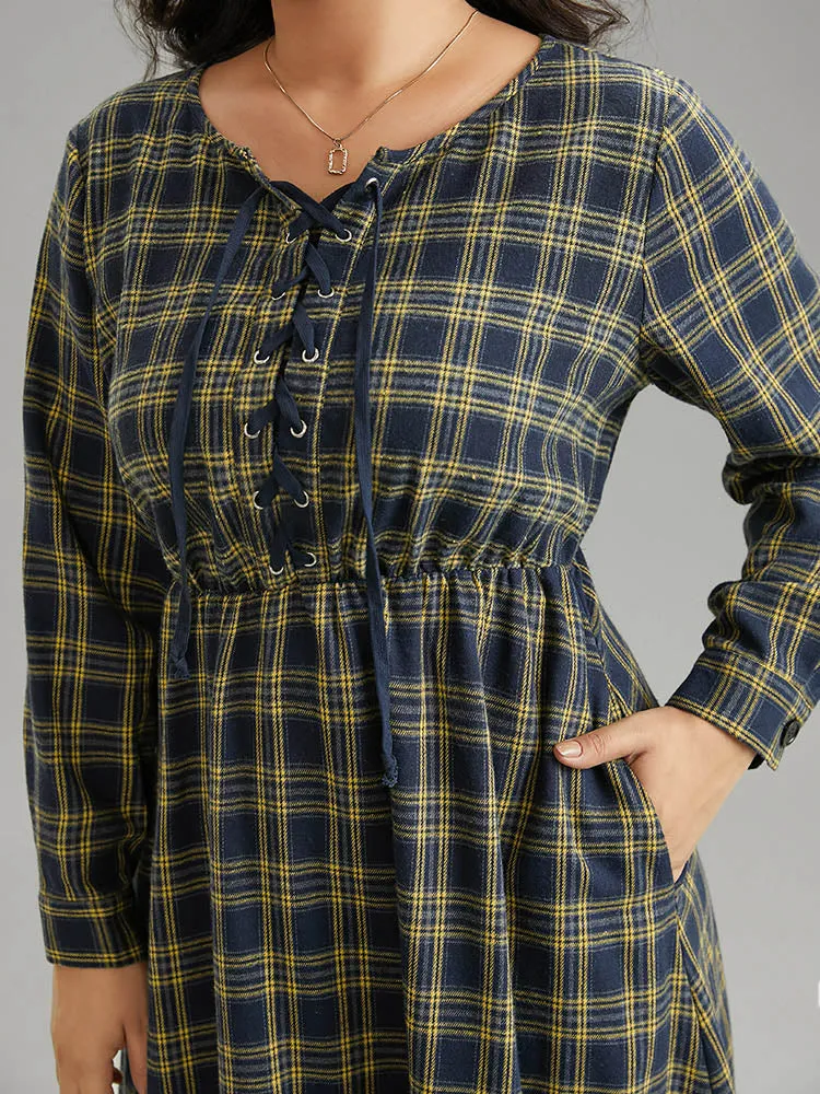Plaid Elastic Waist Lace Up Ties Dress