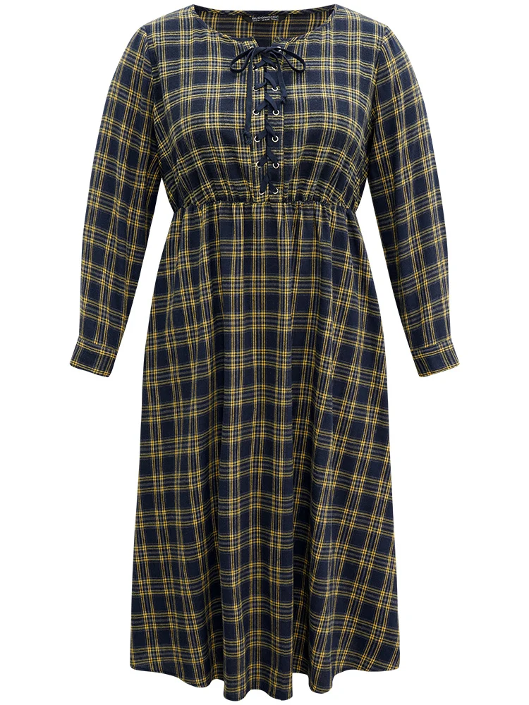 Plaid Elastic Waist Lace Up Ties Dress