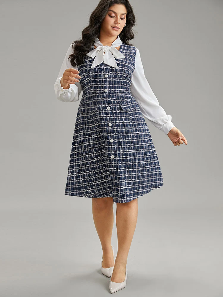 Plaid Patchwork Pocket Button Detail Ties Dress