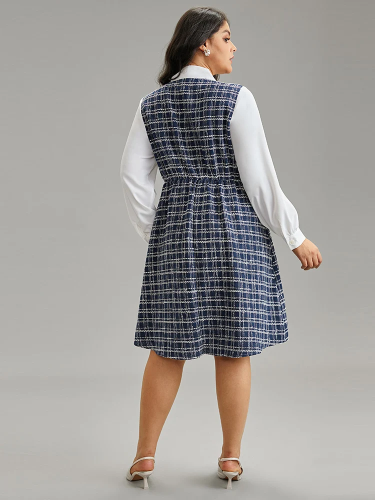 Plaid Patchwork Pocket Button Detail Ties Dress