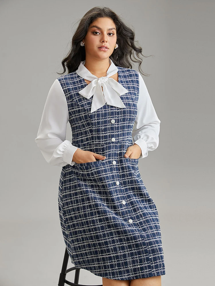 Plaid Patchwork Pocket Button Detail Ties Dress
