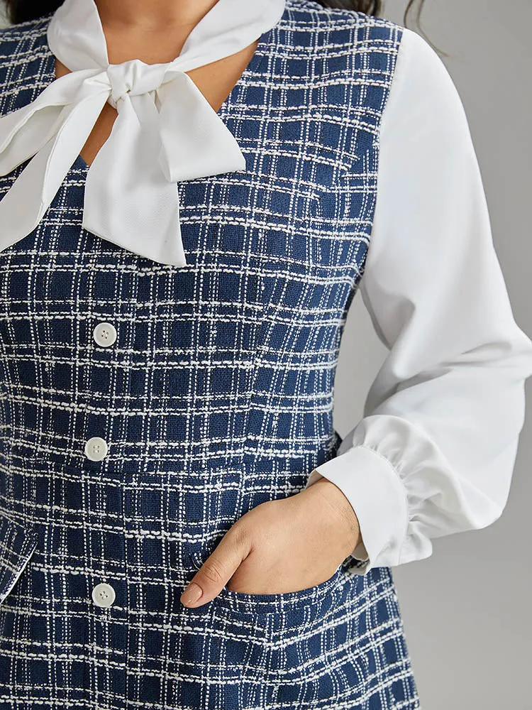 Plaid Patchwork Pocket Button Detail Ties Dress