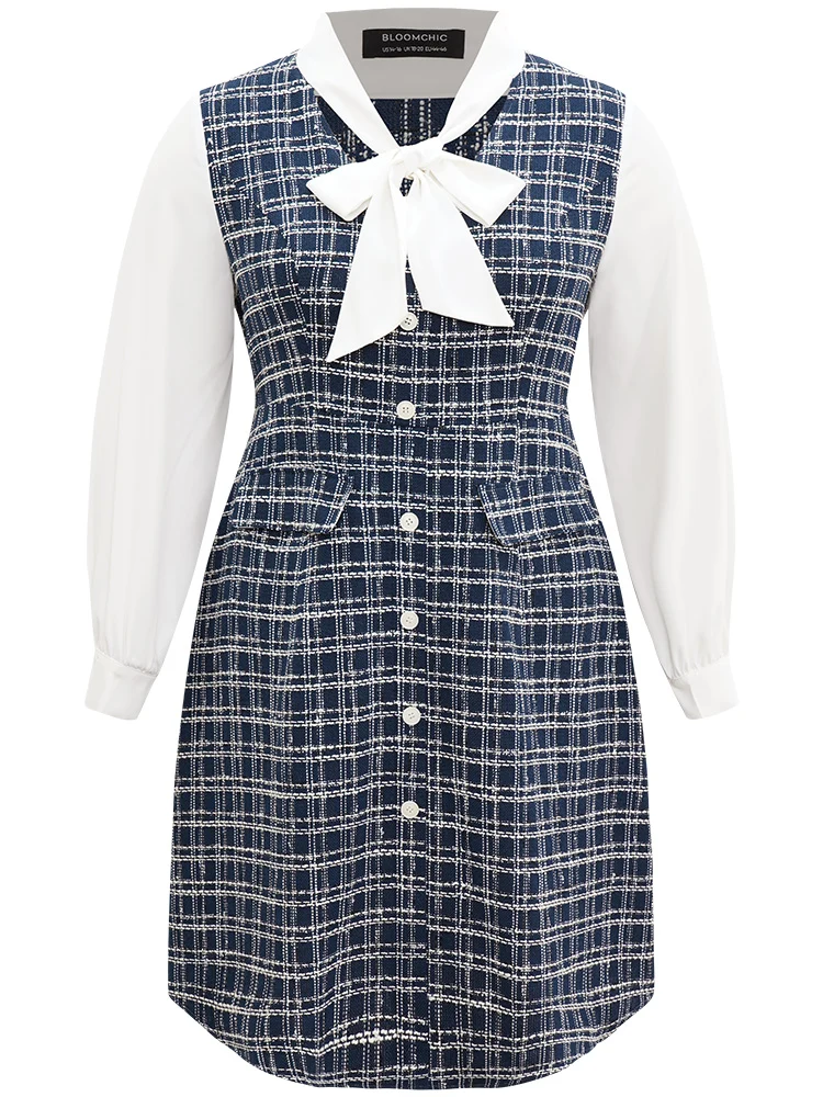 Plaid Patchwork Pocket Button Detail Ties Dress