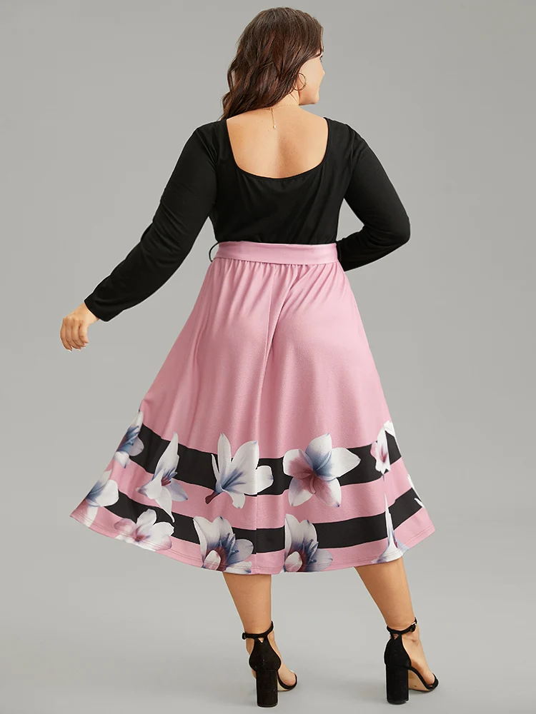Floral Contrast Ruched Square Neck Belted Dress