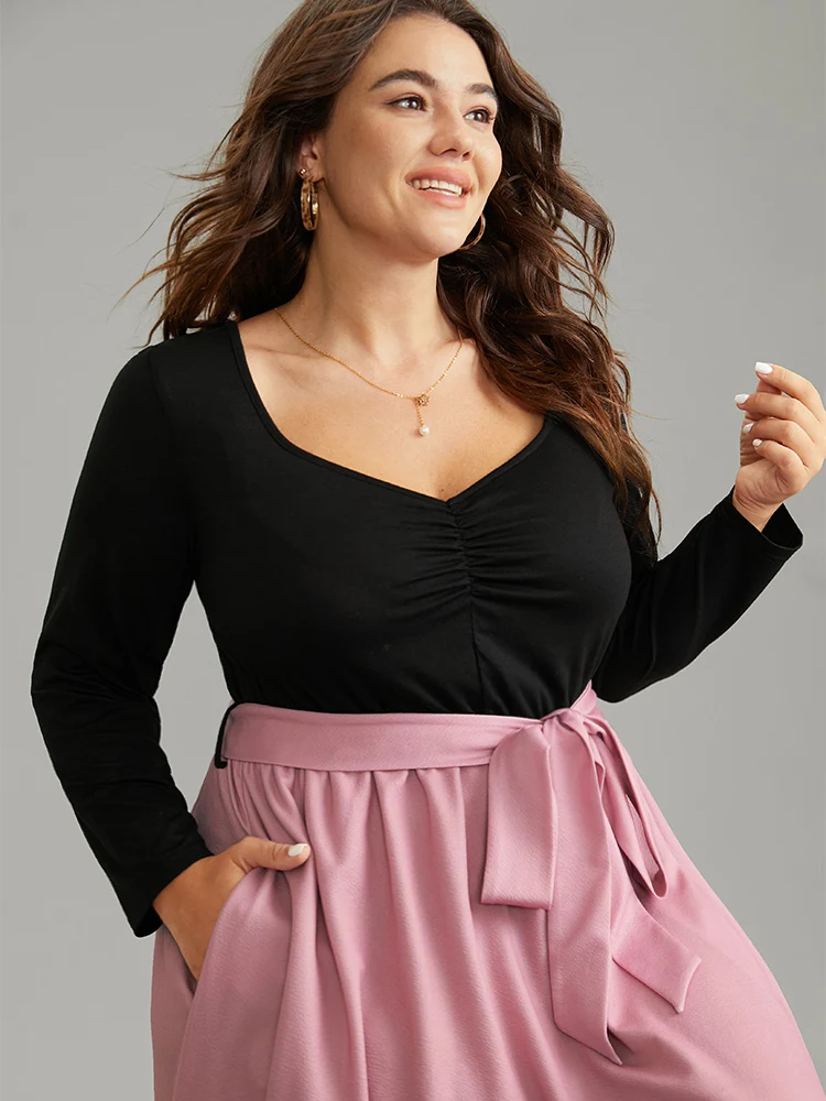 Floral Contrast Ruched Square Neck Belted Dress
