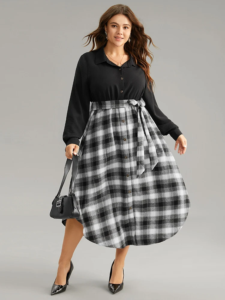 Plaid Patchwork Button Through Belted Dress