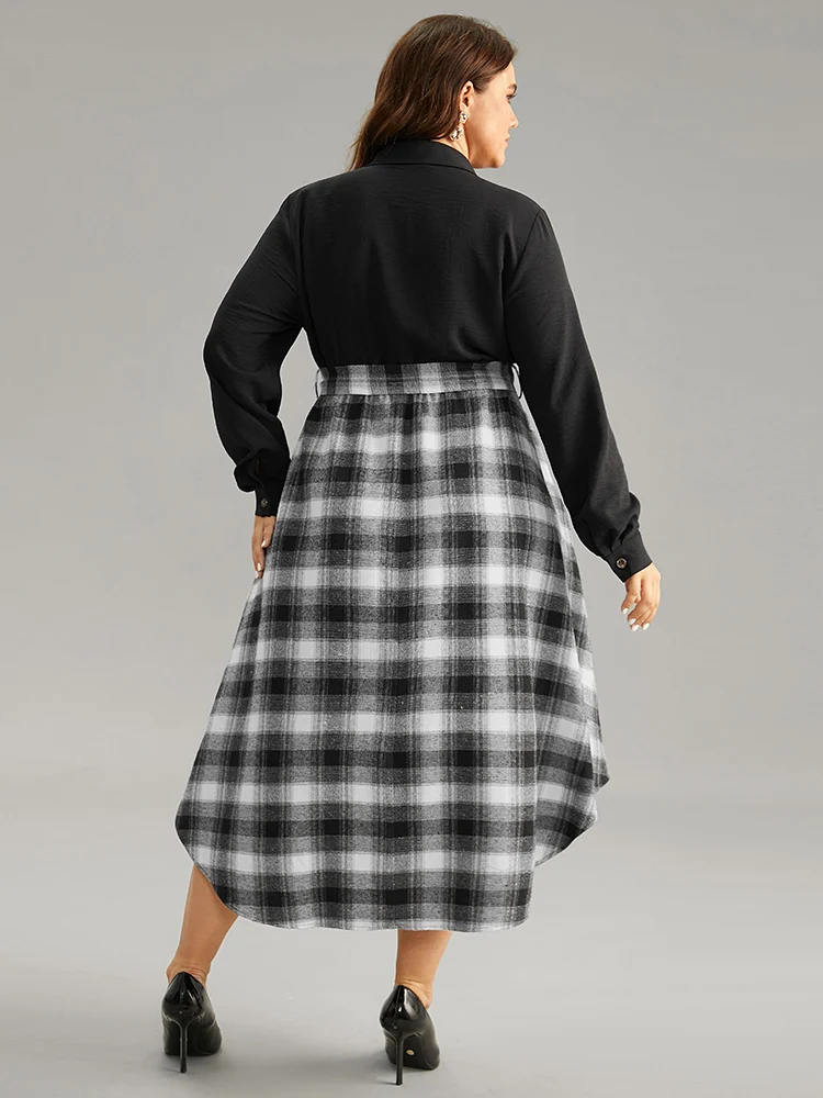 Plaid Patchwork Button Through Belted Dress
