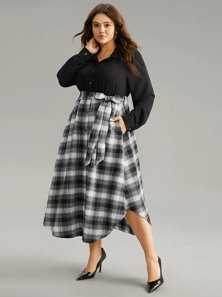 Plaid Patchwork Button Through Belted Dress