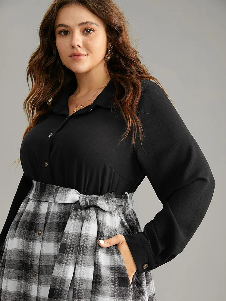 Plaid Patchwork Button Through Belted Dress