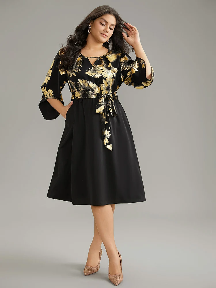 Floral Glitter Belted Keyhole Flutter Sleeve Dress