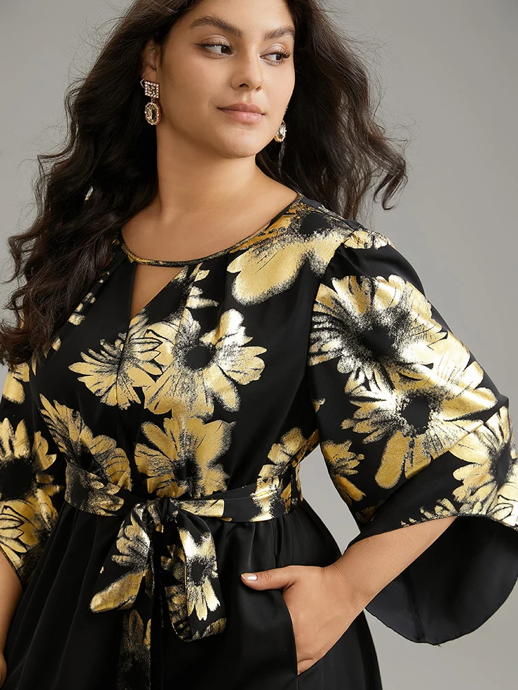 Floral Glitter Belted Keyhole Flutter Sleeve Dress