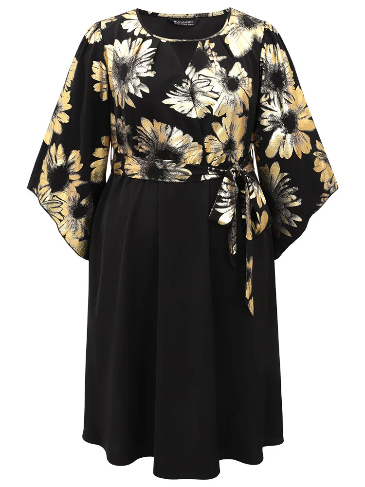 Floral Glitter Belted Keyhole Flutter Sleeve Dress