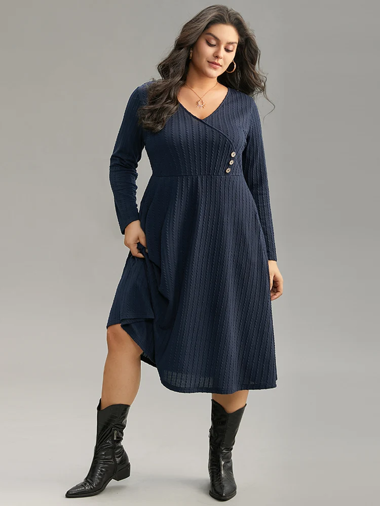 Solid Appliques Button Detail Elastic Waist Dress