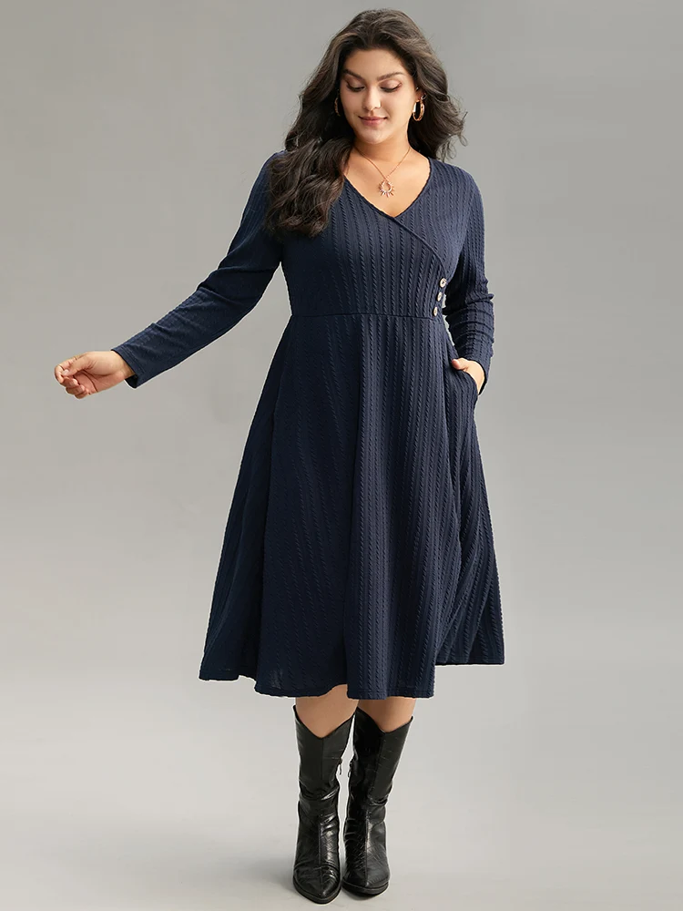 Solid Appliques Button Detail Elastic Waist Dress