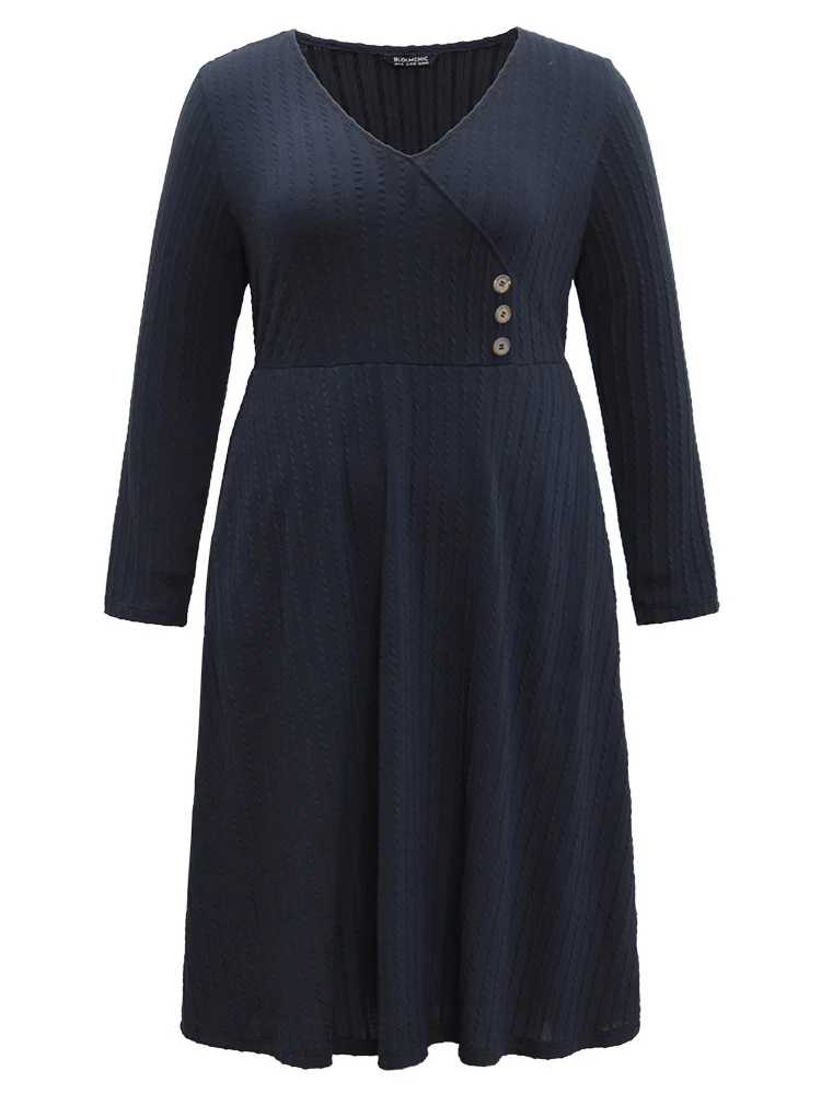 Solid Appliques Button Detail Elastic Waist Dress