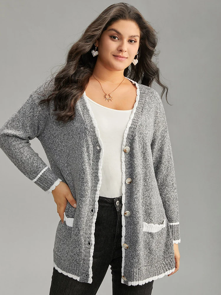 Heather Contrast Pocket Button Through Cardigan