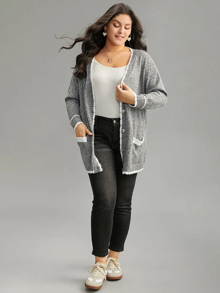 Heather Contrast Pocket Button Through Cardigan